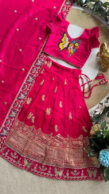 Butterfly Buff Lehengha-Choli Dupatta Vichitra Silk Pink Children wear manufacturer in Kolkata - wholesale export